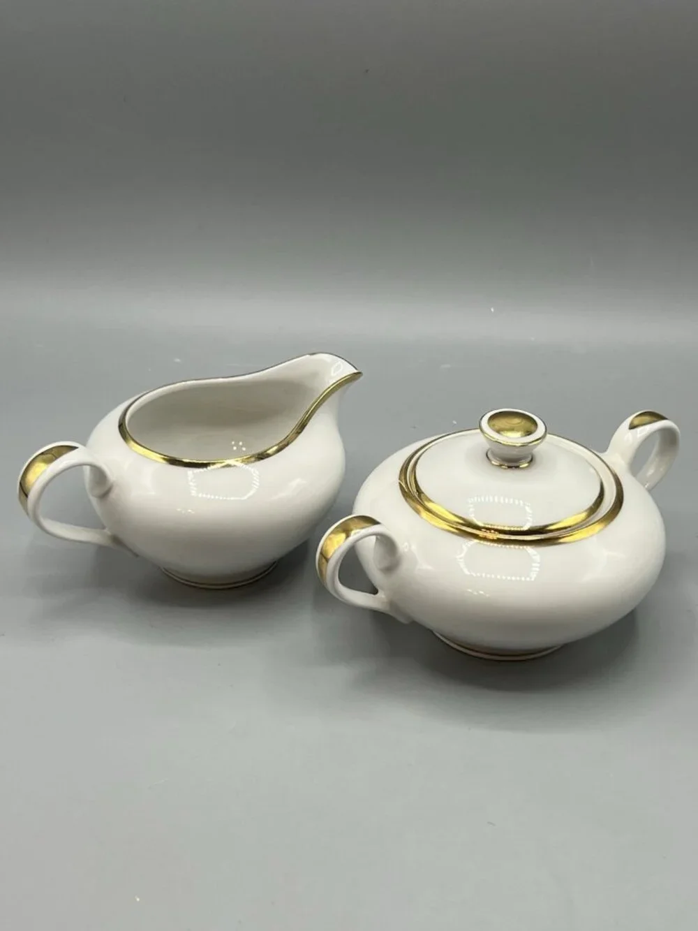 Bavarian Germany Sugar Bowl and Creamer Set 1960s White Gold Band Fine Dining